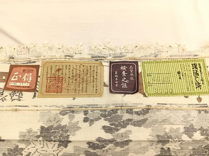 平和屋着物▽小千谷紬　本真綿織　単衣　有職花文　反端付き　正絹　逸品　BAAX2561hv