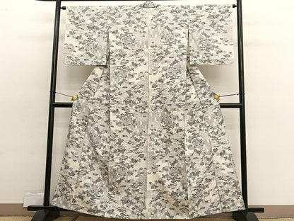 平和屋着物▽小千谷紬　本真綿織　単衣　有職花文　反端付き　正絹　逸品　BAAX2561hv