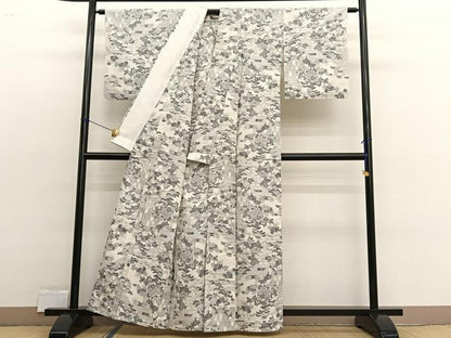 平和屋着物▽小千谷紬　本真綿織　単衣　有職花文　反端付き　正絹　逸品　BAAX2561hv