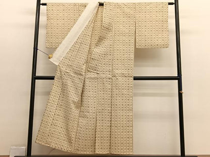 平和屋着物▽上質なお召　単衣　幾何学間道　正絹　逸品　BAAX2563hv