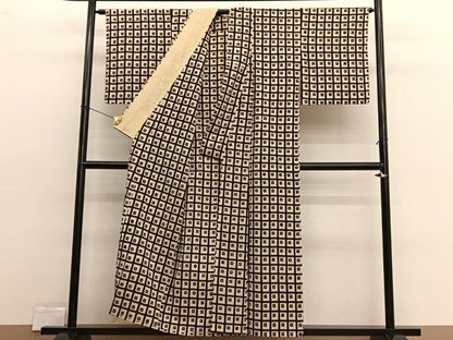 平和屋着物▽上質なお召　単衣　格子柄　正絹　逸品　BAAX2564hv