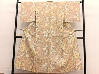 平和屋着物▽上質な紬　単衣　草花文　正絹　逸品　BAAX2570hv