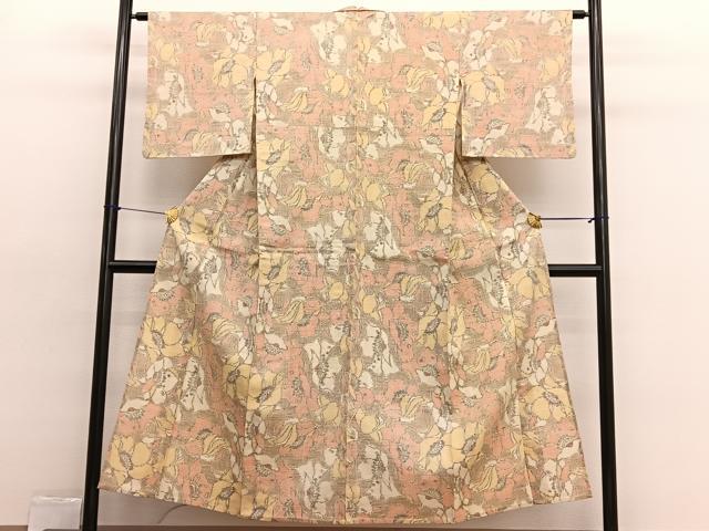 平和屋着物▽上質な紬　単衣　草花文　正絹　逸品　BAAX2570hv