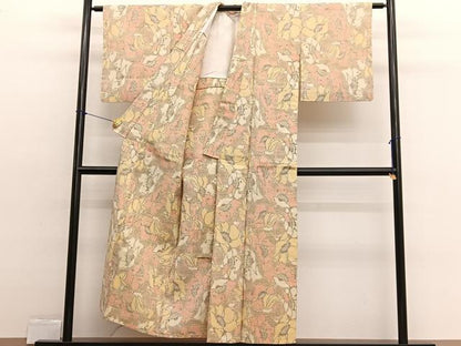 平和屋着物▽上質な紬　単衣　草花文　正絹　逸品　BAAX2570hv