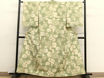 平和屋着物▽上質な紬　単衣　草花文　正絹　逸品　BAAX2577hv
