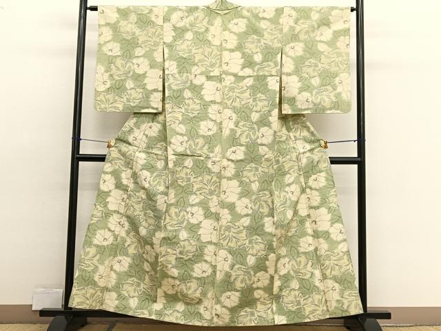 平和屋着物▽上質な紬　単衣　草花文　正絹　逸品　BAAX2577hv