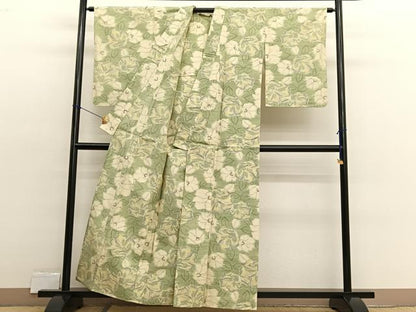 平和屋着物▽上質な紬　単衣　草花文　正絹　逸品　BAAX2577hv