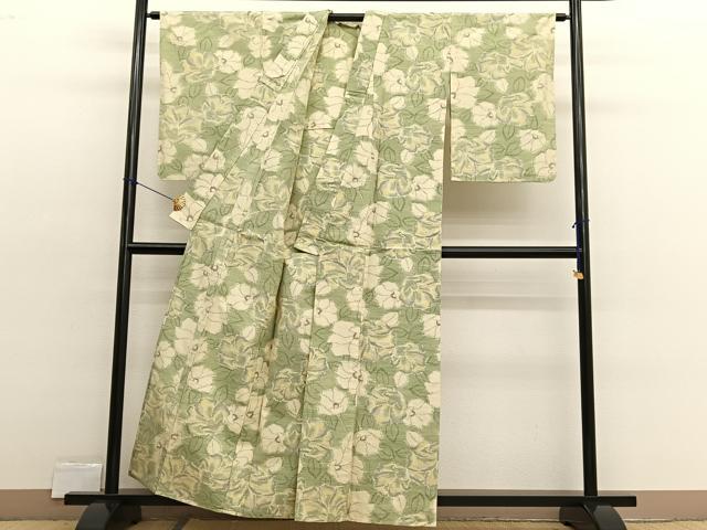 平和屋着物▽上質な紬　単衣　草花文　正絹　逸品　BAAX2577hv