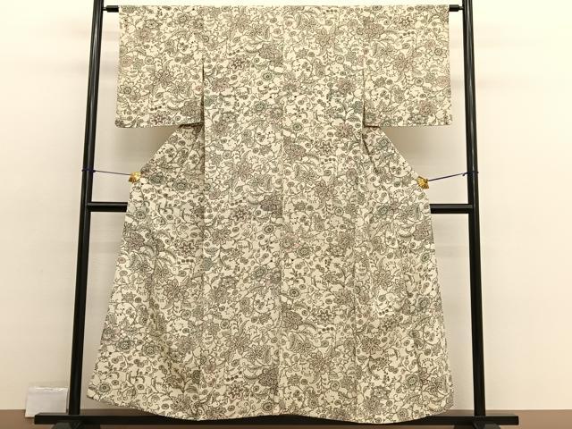 平和屋着物▽上質な小紋　単衣　更紗花文　正絹　逸品　BAAX2578hv
