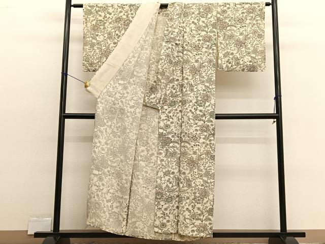 平和屋着物▽上質な小紋　単衣　更紗花文　正絹　逸品　BAAX2578hv