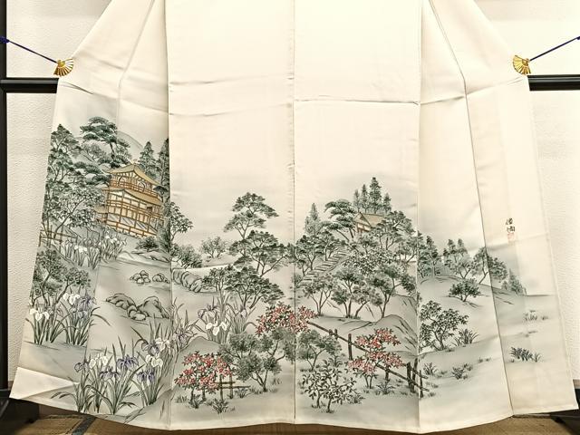 平和屋着物▽訪問着　単衣　作家物　手描き　金閣寺　暈し染め　正絹　逸品　BAAX2582hv