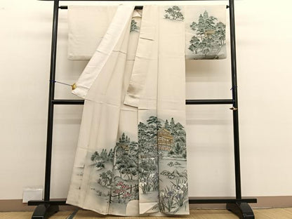 平和屋着物▽訪問着　単衣　作家物　手描き　金閣寺　暈し染め　正絹　逸品　BAAX2582hv