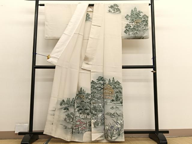 平和屋着物▽訪問着　単衣　作家物　手描き　金閣寺　暈し染め　正絹　逸品　BAAX2582hv