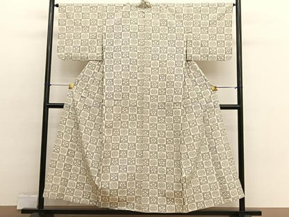 平和屋着物▽上質な紬　単衣　市松七宝花文　正絹　逸品　BAAX2584hv