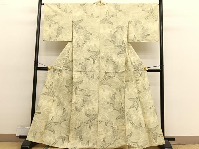 平和屋着物▽上質な紬　単衣　草葉文　正絹　逸品　BAAX2585hv