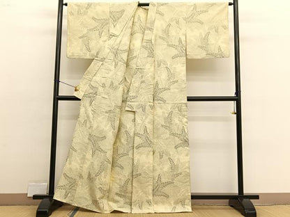 平和屋着物▽上質な紬　単衣　草葉文　正絹　逸品　BAAX2585hv