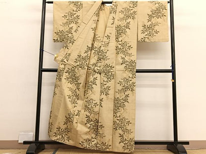 平和屋着物▽上質な紬　単衣　枝葉文　正絹　逸品　BAAX2598hv