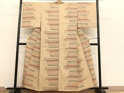 平和屋着物▽本塩沢　単衣　横段文　正絹　逸品　BAAX2601hv