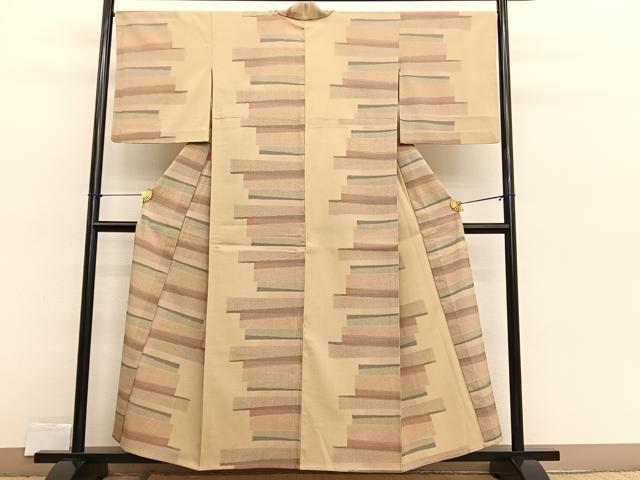 平和屋着物▽本塩沢　単衣　横段文　正絹　逸品　BAAX2601hv