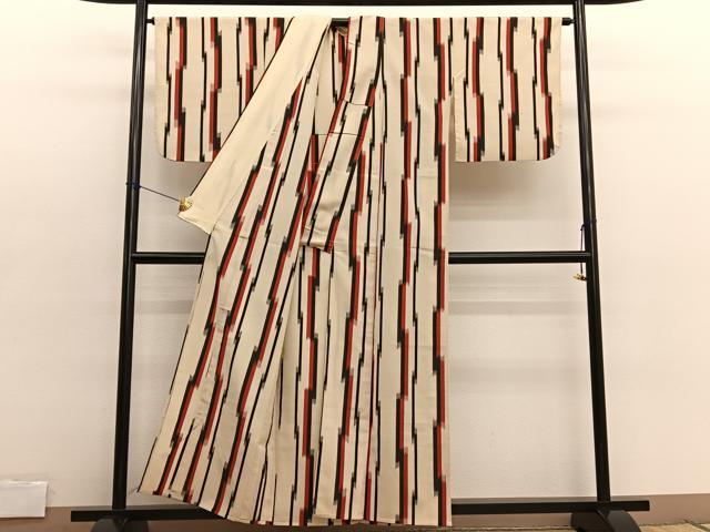 平和屋着物▽上質なお召　単衣　幾何学文様　正絹　逸品　BAAX2602hv