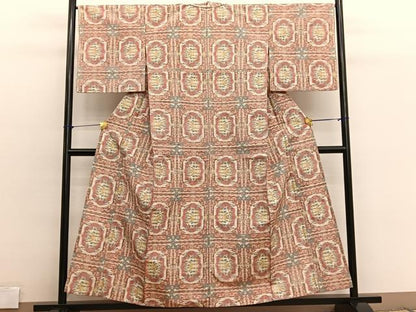 平和屋着物▽上質な紬　単衣　格天井花文　正絹　逸品　BAAX2603hv