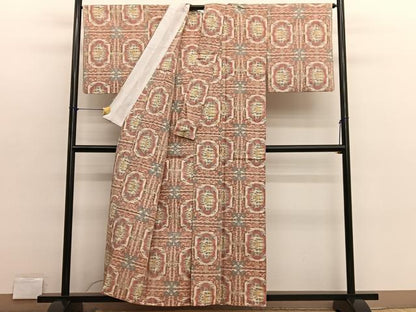 平和屋着物▽上質な紬　単衣　格天井花文　正絹　逸品　BAAX2603hv