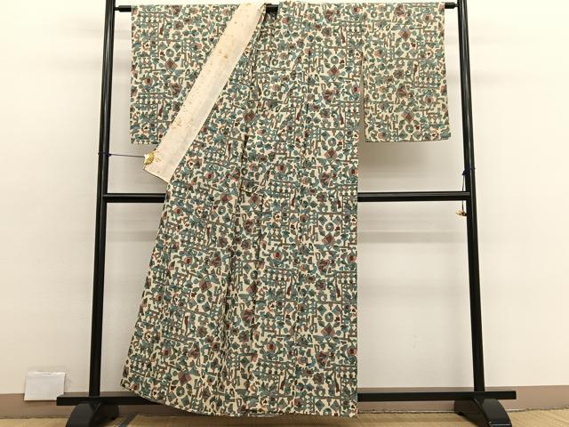 平和屋着物▽上質なお召　単衣　抽象文様　正絹　逸品　BAAX2604hv