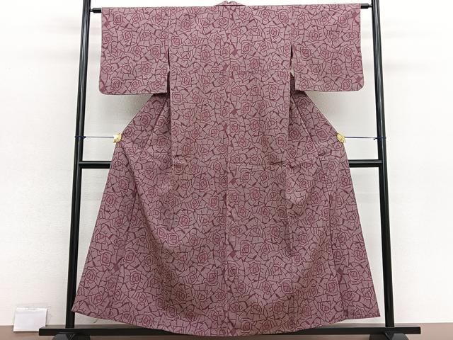平和屋着物▽上質なお召　単衣　薔薇　正絹　逸品　BAAX2610hv