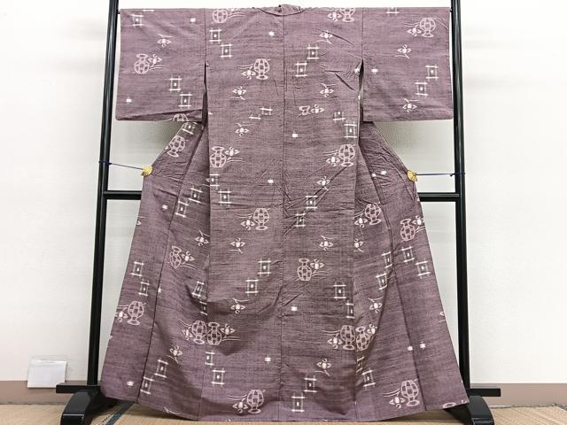 平和屋着物▽上質な紬　単衣　杜若花籠文　正絹　逸品　BAAX2614hv