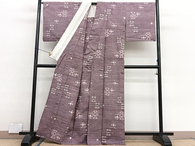 平和屋着物▽上質な紬　単衣　杜若花籠文　正絹　逸品　BAAX2614hv