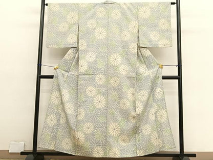 平和屋着物▽上質なお召　単衣　花づくし　正絹　逸品　BAAX2618hv