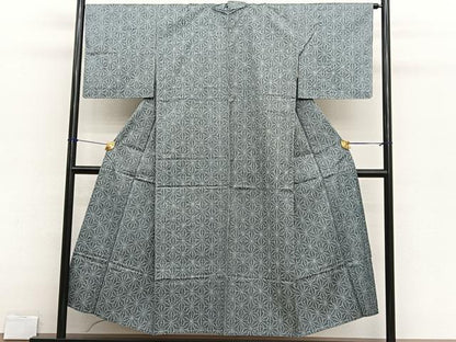 平和屋着物▽上質な紬　単衣　麻の葉文様　正絹　逸品　BAAX2628hv