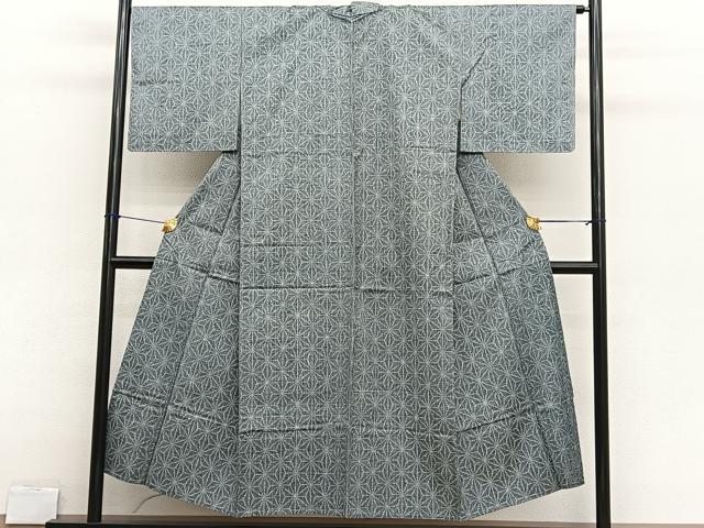 平和屋着物▽上質な紬　単衣　麻の葉文様　正絹　逸品　BAAX2628hv