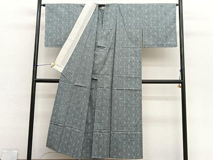 平和屋着物▽上質な紬　単衣　麻の葉文様　正絹　逸品　BAAX2628hv