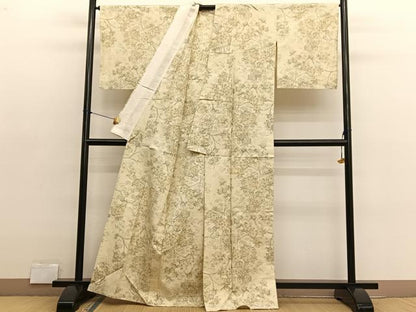 平和屋着物▽上質な紬　単衣　枝花文　正絹　逸品　BAAX2629hv