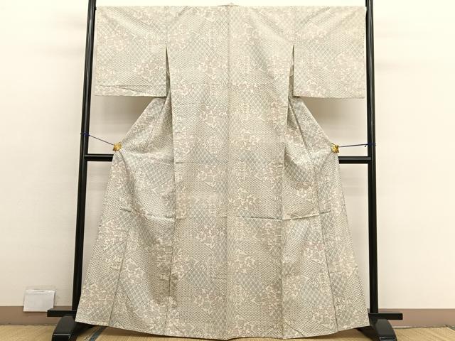 平和屋着物▽上質な紬　単衣　切嵌花文　正絹　逸品　BAAX2632hv