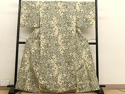 平和屋着物▽上質な紬　単衣　草花文　正絹　逸品　BAAX2635hv