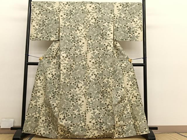 平和屋着物▽上質な紬　単衣　草花文　正絹　逸品　BAAX2635hv