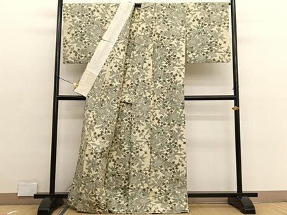 平和屋着物▽上質な紬　単衣　草花文　正絹　逸品　BAAX2635hv