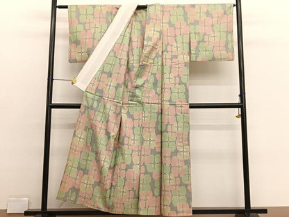 平和屋着物▽上質な紬　単衣　草花文　正絹　逸品　BAAX2636hv