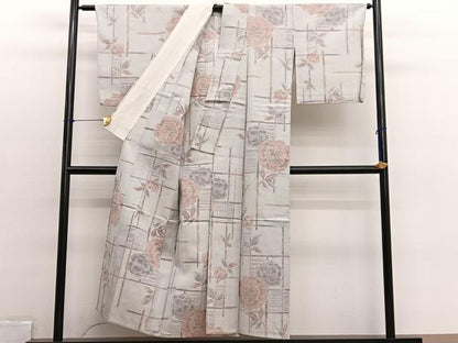 平和屋着物▽上質な紬　単衣　椿　正絹　逸品　BAAX2641hv