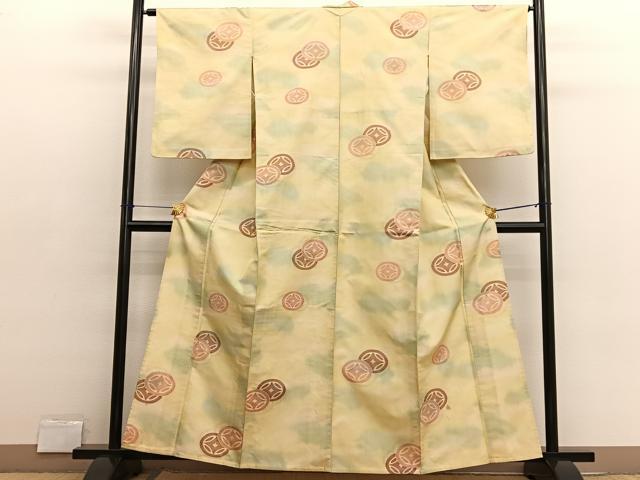 平和屋着物▽上質な紬　単衣　七宝文　正絹　逸品　BAAX2642hv