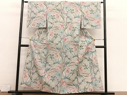 平和屋着物▽上質な紬　単衣　花唐草文　正絹　逸品　BAAX2643hv