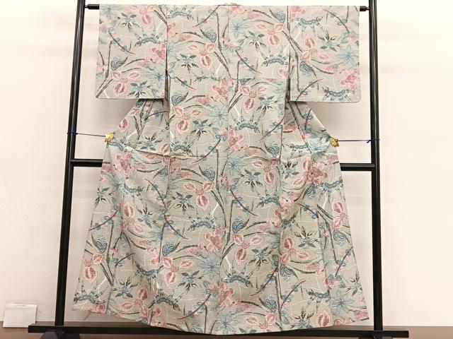平和屋着物▽上質な紬　単衣　花唐草文　正絹　逸品　BAAX2643hv