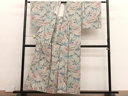 平和屋着物▽上質な紬　単衣　花唐草文　正絹　逸品　BAAX2643hv