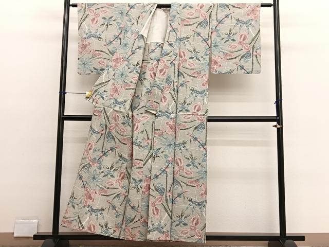 平和屋着物▽上質な紬　単衣　花唐草文　正絹　逸品　BAAX2643hv