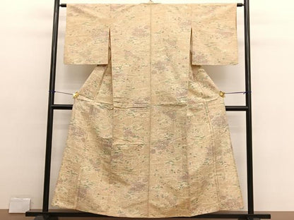 平和屋着物▽上質な紬　単衣　流水花文　正絹　逸品　BAAX2648hv