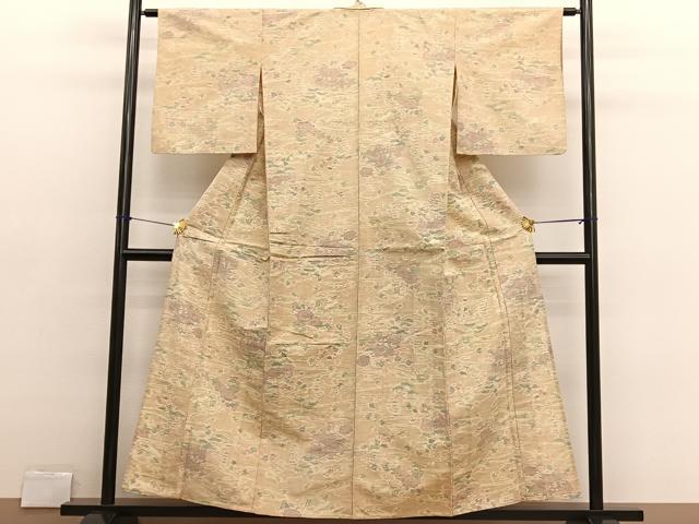 平和屋着物▽上質な紬　単衣　流水花文　正絹　逸品　BAAX2648hv