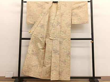 平和屋着物▽上質な紬　単衣　流水花文　正絹　逸品　BAAX2648hv
