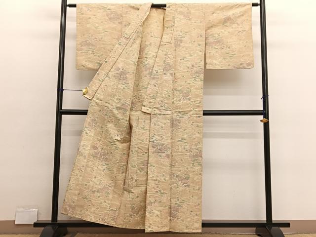 平和屋着物▽上質な紬　単衣　流水花文　正絹　逸品　BAAX2648hv